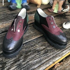 Girotti Oxford Wingtip Shoe 8.5 EU39 Black Green Burgundy Leather Suede Platform